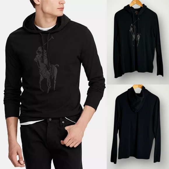 Polo Ralph Lauren Jersey Hooded T Shirt Mens Medium Black Big Pony Lightweight - Picture 1 of 8